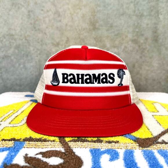 Vintage Bahamas Trucker Hat 80s Snapback Mesh Back Striped Souvenir Travel Cap - Picture 2 of 4
